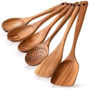 Ensemble d'ustensiles de cuisine en teck de qualité supérieure, 6 pièces, résistant au lave-vaisselle et au four, spatule et cuillère de service - Product Image 1