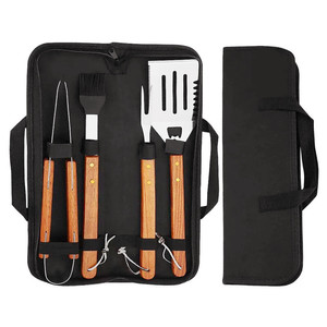 <b>BBQ</b> <b>Tools</b> Bamboo Box 5-Piece Set, Baking Pan, Stainless Steel Barbecue <b>Tools</b>, Knife, Fork, Spatula, Skewer Clips, Oxford Cloth - Product Image 5