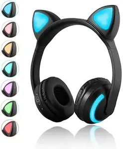 Fones de ouvido estéreo de gato, fones de ouvido com orelhas brilhantes de gato para jogos em 7 cores, iluminação de led