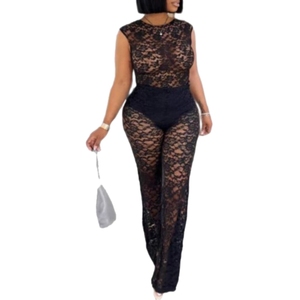 ชุดเซ็กซี่ซีทรูแขนกุดผ้าลูกไม้ยืดเข้ารูปสำหรับผู้หญิงแบบสองชิ้นแฟชั่น - Product Image 3