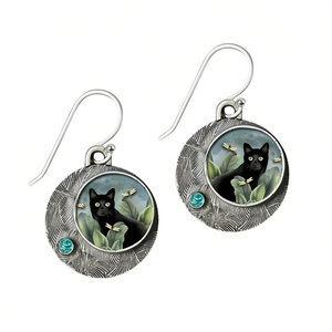 Vintage Black <b>Cat</b> Drop Earrings Antique Silver Plated With Turquoise Bezel Setting Women's Fashion Jewelry <b>Gift</b> - Product Image 1