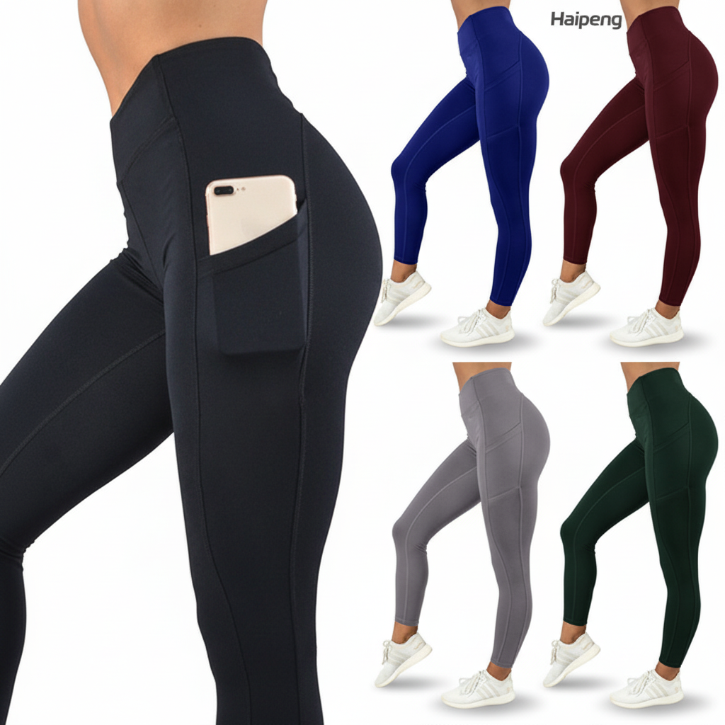 Stock High Waist Four-Way Stretch Print Spandex/Nylon Gym Sports Leggings for Women's Yoga and Running with Pockets