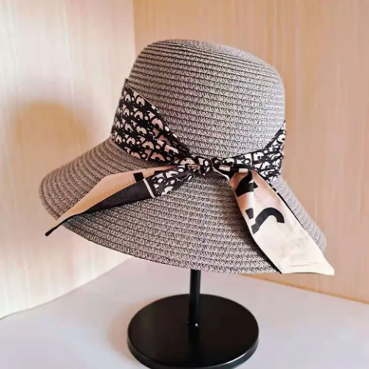 F-2456 ucuz toptan vintage eşarp bant hasır şapka katlanır disket plaj şapkası güneş kremi açık güneş uv koruma şapka kadınlar için