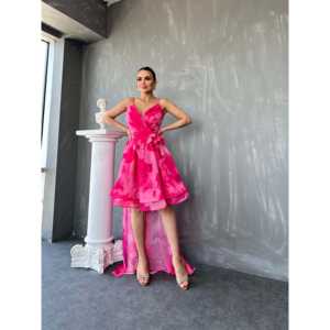 Elegante Vestido de Noche de Gasa Asimétrico con Corte en A, Escote en V, Cintura Imperio y Capa Transparente Rosa - Product Image 1