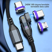 Câble de données magnétique USB 3 en 1 240W en nylon avec connecteur rotatif à 180 degrés pour tous les téléphones mobiles et consoles de jeux, ordinateurs portables