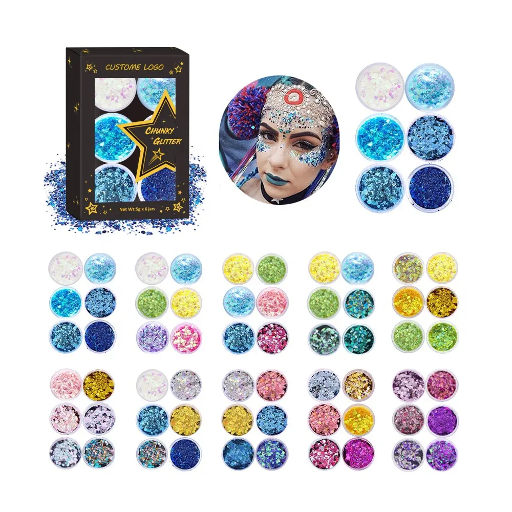 Wholesale Party Makeup Hair Eyes Glitter Ocean Blue Holographic Cosmetic Chunky Face Glitter for Decoration