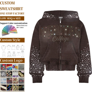 Hot Supplier Custom Cropped Boxy Terry Cotton Men's Zipper <b>Hoodie</b> Vintage Washed <b>Black</b> Embroidery Rhinestone Oversized <b>Hoodie</b> - Product Image 1