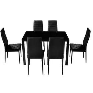 Ticari lüks endüstriyel siyah yemek masası s ve sandalye seti 6 kişilik cam yemek masası seti yemek odası için