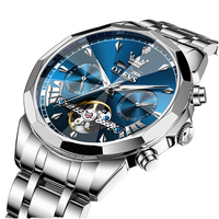 Montre-bracelet squelette haut de gamme avec tourbillon, calendrier, étanche, bracelet en acier inoxydable, automatique, mécanique, pour homme