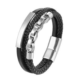 Fashionable Mens Multi-Layer Braided <b>Leather</b> <b>Bracelet</b> With Stainless Steel Chain | Genuine <b>Leather</b> Wristband With Magnetic Clasp - Product Image 1