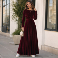Robe longue plissée trapèze ajustée en velours pour femme, style cache-cœur, manches longues, pour soirée, OEM/ODM, couleur personnalisée, marque privée