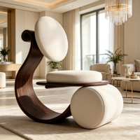Fauteuil d'appoint vintage en bois massif courbé, rembourré en cuir, chaise longue individuelle pour salon, mobilier de maison