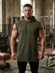 Sweat-shirts classiques vert olive légers en polaire avec bord brut et poche kangourou, pour musculation, gym et streetwear - Product Image 3