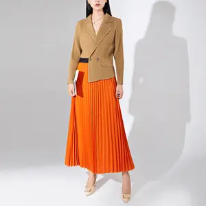 Unique Design Pleated Fabric Dress with Long Sleeves Stylish Two-Piece Faux Suit for Office Wear Featuring Printed Decoration