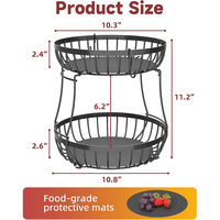 Présentoir à fruits et légumes empilable à 2 niveaux en métal noir, grand panier à fruits en fil métallique avec 2 supports pour bananes