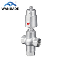 Vanne pneumatique à siège incliné à trois voies en acier inoxydable 304 avec filetage femelle, tête de contrôle d'eau 0~1,6 MPa, étanchéité PTFE haute température