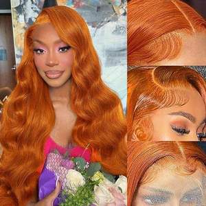 Gingembre <span class=keywords><strong>Orange</strong></span> Vague de Corps Cheveux Humains HD Avant de Lacet Perruque Pré Pincée Brésilienne Remy Colorée 13x4 Sans Colle Dentelle Frontale Perruque - Product Image 3