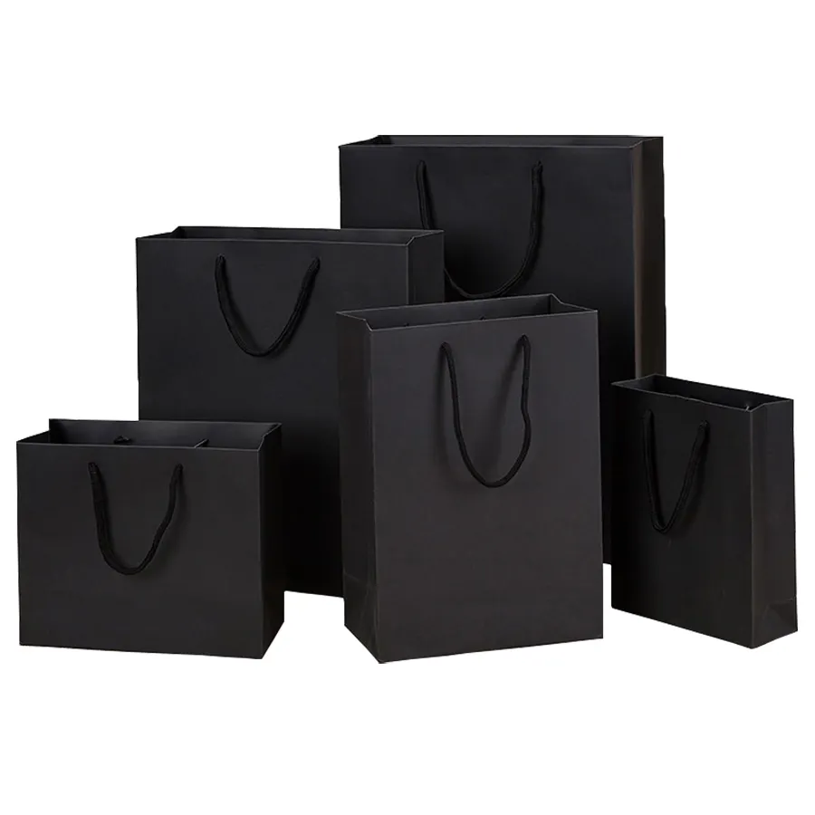 Toptan fabrika fiyat lüks çevre dostu siyah karton kutu taşıyıcı çanta kağıt alışveriş çantası hediye paketleme torbası