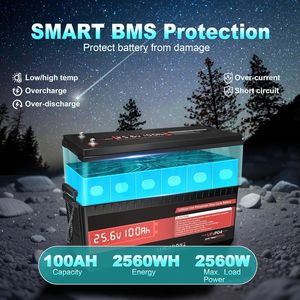 Paquete de 2 Baterías de Litio LiFePO4 de 24V 100Ah con BMS de 100A Integrado, Salida de Potencia de 2560W, hasta 15000 Ciclos para Sistemas Solares Fuera de la Red para Vehículos Recreativos - Product Image 6