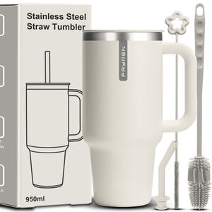 Gobelet isotherme en acier inoxydable à double paroi avec poignée, bouteille d'eau réutilisable avec paille et brosse de nettoyage - Product Image 1