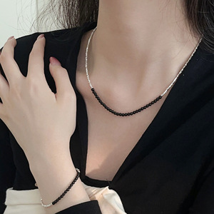 Yinruitai S925 Sterling Silver Black Agate Double-tone Necklace <b>Bracelet</b> Set For Women Everyday Wear Clavicle Chain Jewelry - Product Image 1