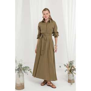 Elegant Women's Belted Mandarin Collar A-Line Dress Stone Color Comfortable <b>Wrap</b> And <b>Tie</b> Evening Wear - Product Image 1