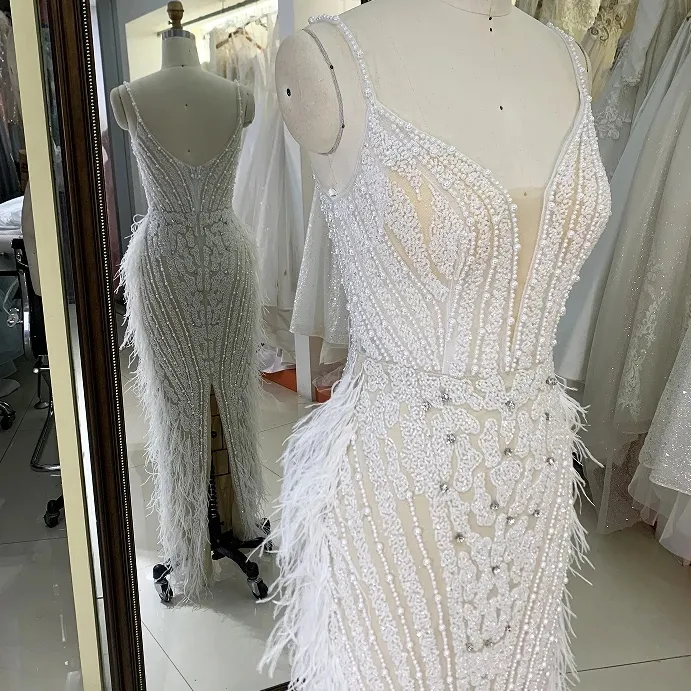 2024 blanco plata mano rebordear sirena cremallera espalda pluma elegante mujeres vestidos de noche