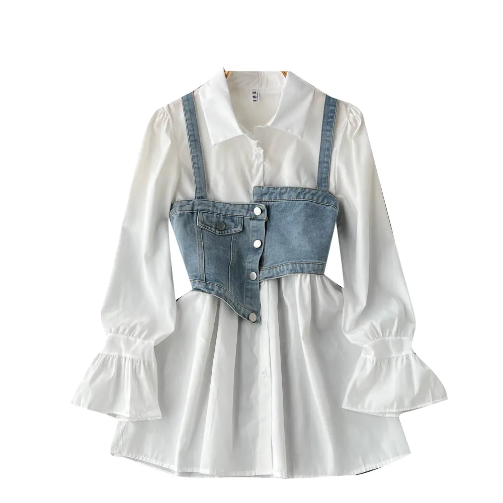 Оптовая продажа, 2023 весенние джинсовые Асимметричные рубашки с маленькими лямками, высококачественные темпераментные рубашки с расклешенными рукавами, женское платье