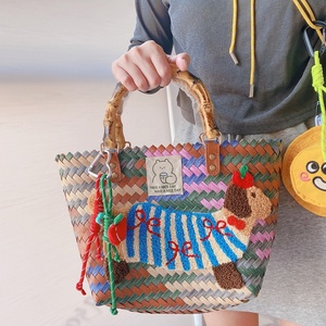 Vintage Woven Tote With Striped Dachshund Design Handbag for Women Perfect for Casual Summer Beach Travel Bag - Product Image 1