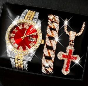 Conjunto de 3 Piezas de Relojes de Cuarzo con Cristales Románticos para Hombre y Mujer, Reloj de Acero Plateado, Collar con Cruz, Pulsera, Juego de Regalo - Product Image 4