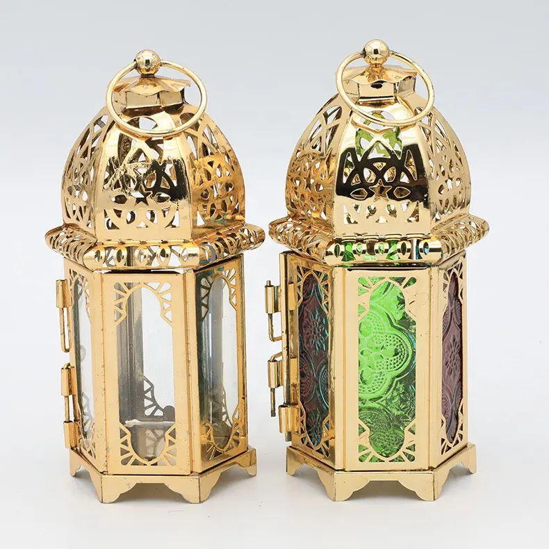 Linterna Vintage de hierro y vidrio dorado para Ramadán, candelabro de metal a prueba de viento, marroquí