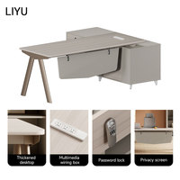 Bureau de direction moderne en forme de L LIYU avec écran de confidentialité suspendu, boîte de câblage multimédia, armoire de rangement verrouillable, extensible en bois