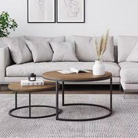 Ensemble de tables basses en bois massif (diverses tailles) pour petits appartements modernes : rondes, en bois naturel avec base en fer forgé