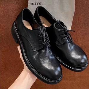 Washed Cowhide Retro British Style Lace-up Leather <b>Shoes</b> for <b>Women</b> Round Toe Flat <b>Oxford</b> Casual Genuine Leather <b>Shoes</b> - Product Image 2