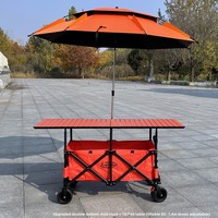 Chariot pliant en acier à double fond amélioré avec table élévatrice réglable, parasol et roues tout-terrain, hauteur 85-140 cm, pour le camping