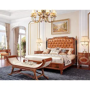Nice natural burl veneer decorated royal luxury queen size bedroom set with dresser