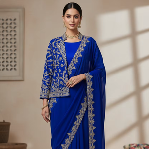 Conjunto de Sari de Georgette Morado Real para Mujer, Marca Unity Luxure, con Chaqueta y Blusa Bordadas, Ropa de Fiesta Premium - Product Image 1