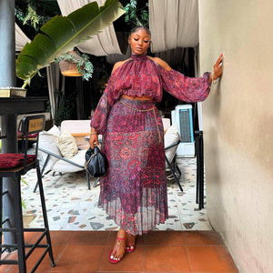 Conjunto de 2 Piezas de Alta Calidad para Mujer, Estilo Africano 2026, Falda Plisada Elegante con Estampado Floral y Camisa de Hombros Descubiertos - Product Image 1