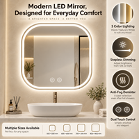 Miroir de salle de bain intelligent à LED avec cadre carré arrondi, éclairage à mémoire de forme, gradation progressive et fonction anti-buée rapide