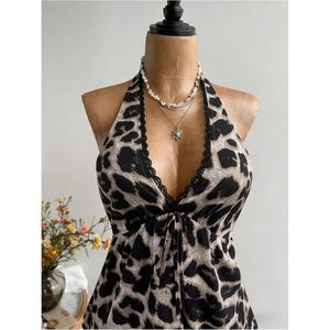 Haut licou peplum pour femme, imprimé léopard, dos nu, en mousseline, taille empire, pour l'été et les sorties - Product Image 5