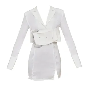 New Arrival High Quality Fashion White Satin Extreme Buckle Detail Blazer Dress Women V-Neck Sexy Party Dress