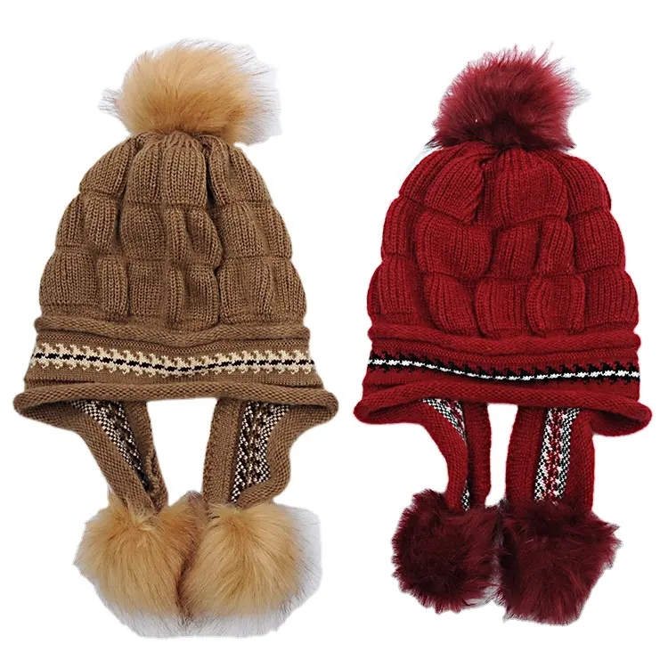 Winter Hat Beanie With Strings Called Knit Hat With Balls Hanging