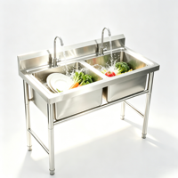 Wastafel Dapur Stainless Steel Komersial 2 Kompartemen dengan 2 Keran Gooseneck dan Backsplash