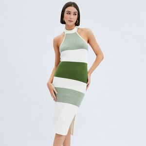 Nouvelle Robe Longue Décontractée Sexy à Rayures en Maille Halter pour Femme OEM - Product Image 1