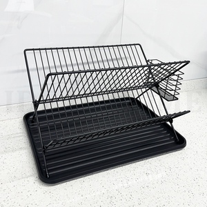 Égouttoir à vaisselle pliable à 2 niveaux en fil métallique noir avec revêtement par pulvérisation, support de rangement pour comptoir de cuisine - Product Image 1