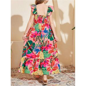 Girl's Summer Maxi <b>Dress</b> Tropical Floral Print <b>Elastic</b> Waist A-Line Vacation Beach Outfit Breathable Woven Fabric - Product Image 4