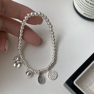 S925 Sterling <b>Silver</b> Bracelet With Fu Charm <b>Beaded</b> Elastic Rope Chinese Style Everyday Wear Unisex Jewelry - Product Image 4