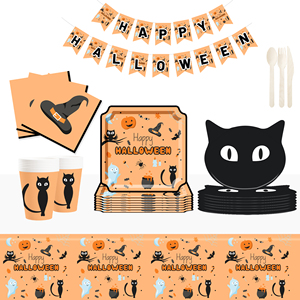 DAMAI Halloween <b>Black</b> Cat and Hat Tableware <b>Set</b> and Disposable Paper <b>Dinner</b> Plates Dessert Plates Tableware <b>Sets</b> - Product Image 1