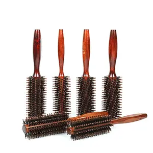 Lotus wood boar bristle curling comb fluffy styling hair straightening comb high temperature resistant solid wood rolling comb