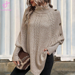 Loveda Venta al por mayor Mujeres Nuevo estilo Cable Knit Sweater Moda <span class=keywords><strong>Cuello</strong></span> alto Botón Decoración Manga larga Batwing Sweater - Product Image 3